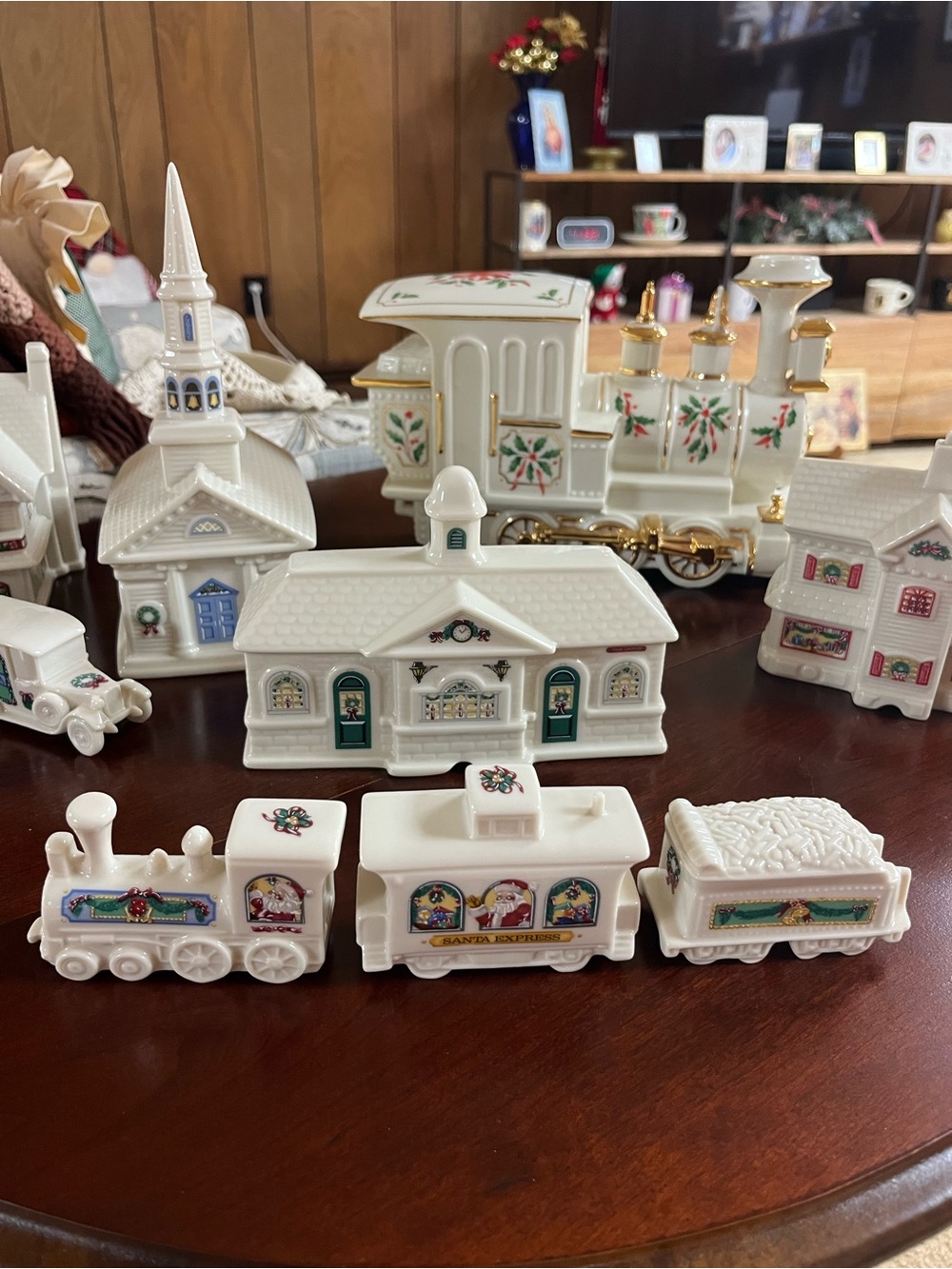 Lenox White Porcelain Holiday Train Village with Green and Red Accents